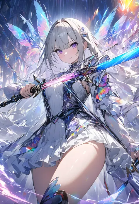 (masterpiece,  best quality :1.2,UHD,High Resolution), colorful ,  1 girl, Gray Hair,  purple eyes,  dual weeding that destroys reality , sword,  has a sword, blue flame, Shine, Shine weapon, holding a weapon ,  light particles , wallpaper,  Chromatic Aval...