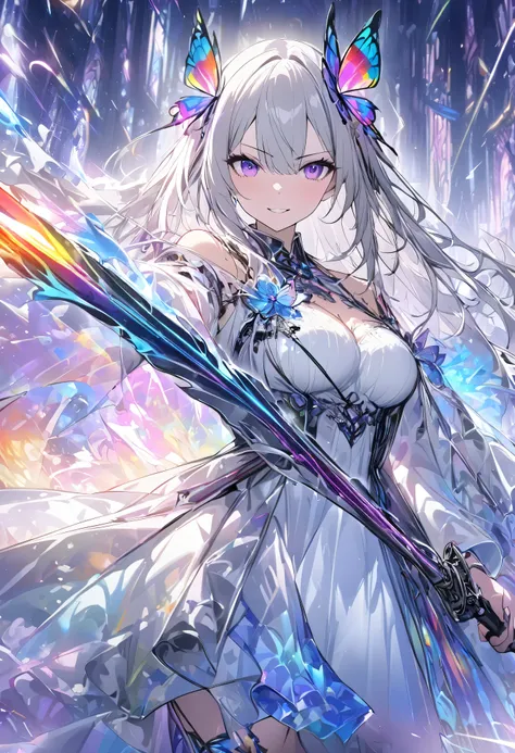 (masterpiece, best quality :1.2,UHD,High Resolution), colorful , 1 girl, Gray Hair, purple eyes, dual weeding that destroys reality , sword, has a sword, blue flame, Shine, Shine weapon, holding a weapon , light particles , wallpaper, Chromatic Aval...