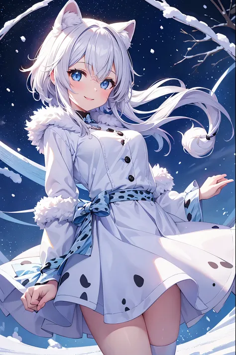 Snow Leopard,  girl,  anime illustration ,  skirt,Fluffy,  glitter,smile, animal ears ,white only  ,Fluffy,Fingers are beautiful  ,whole body, shorthair,Light blue eyes