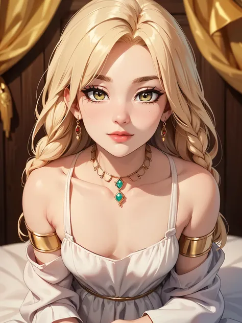 (Sfw:1.9), 1femboy, loose dress, blonde adult femboy, 30-years old femboy, shy face, shy eyes, golden irises, golden bracelets, sleek golden armlets, light pale red lipstick, smoky eyeshadow, heavy eyeliner, lush eyelashes, delicate body, delicate frame, p...