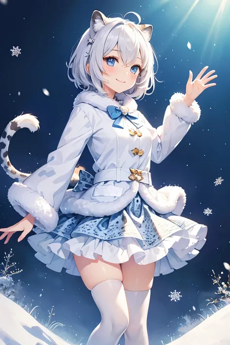 Snow Leopard,  girl,  anime illustration ,  skirt,Fluffy,  glitter,smile, animal ears ,white only  ,Fluffy,whole body, shorthair,Light blue eyes