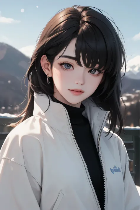 (upper body) smile, ((upper body)) (((masterpiece)), best quality, 8K resolution, Semi-realistic, cinematic lighting, beautiful detailed eyes),cute, 1 woman,korean,25-year-old,((Blunt bangs)) medium straight hair, detailed clothes,((skiing on a clear day w...