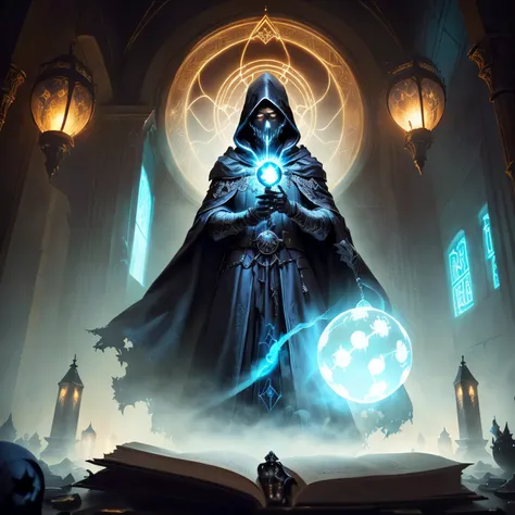 arafed image of a man in a hooded cloak holding a glowing orb, portrait of a holy necromancer, lich vecna (d&d), ghostly necromancer, mohrbacher, photo of ghost of anubis, portrait of the old necromancer, guillem h. pongiluppi, archmage, necromancer