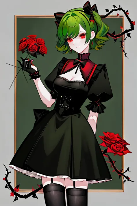 Woman of average height. The square hairstyle of crimson hair with a little bit green hair ends. Over the black sweatshirt was a blouse decorated with crimson roses, hanging on a thorn vine with round cuffs. Palms in black gloves with a bow in the middle. ...