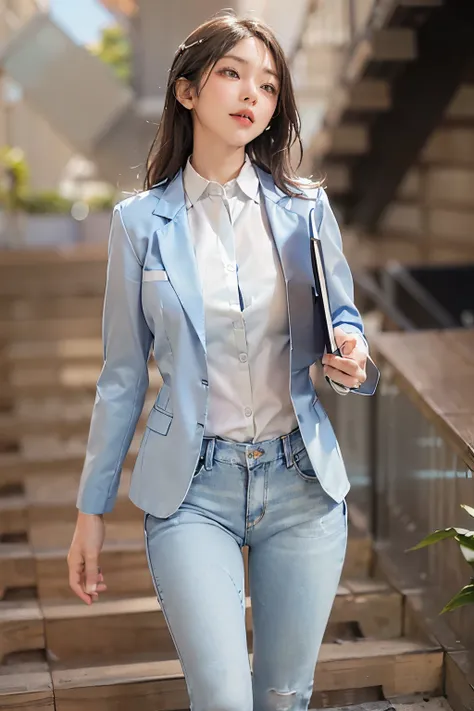 (masterpiece, best quality, raw photo), shoot from front, 1female, (beautiful 26year-old Japanese working woman having calm atmosphere:1.3), (deep-black hair with shoulder length:1.3), (walking down the staires with a folded laptop under her arm:1.3), brea...