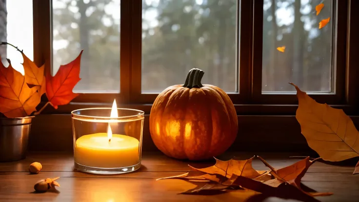 A small, flickering candle casting warm, soft light on a wooden table, surrounded by dried orange leaves and a few acorns. The cool October air can be felt through an open window, and the scent of pumpkin spice lingers in the room.