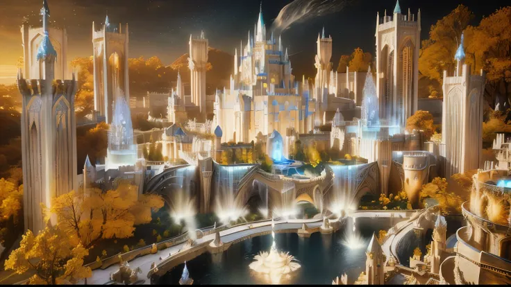 there is a miniature model of a castle with a fountain, epic rivendell fantasy, beautiful render of a fairytale, in fantasy sci - fi city, highly detailed fantasy art, fantasy city, fantasy capital city, elaborate matte painting, fantasy highly detailed, s...