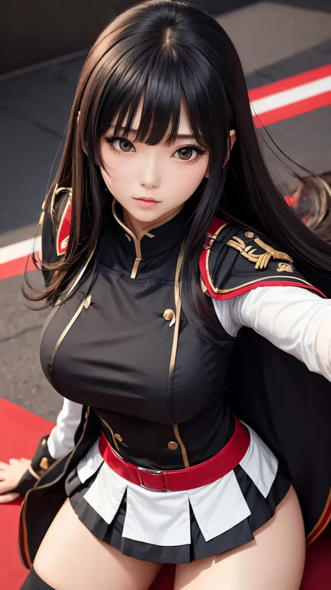 woman、Beautiful breasts、black髪、Heavy bangs、blackい瞳、 combat uniform、 skirt、white、black、red、