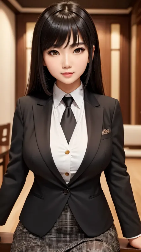 (( High Quality )), (( Table Top )), ( detailed face ), (Highlights), Asian woman、Beautiful breasts、Glamour、 black hair、Heavy bangs、 skirt、 blazer