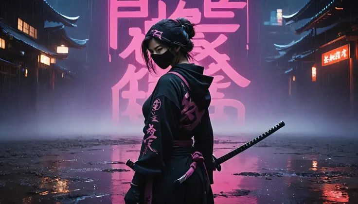 8k,masterpiece,best quality,when no one is around,cool back shot of a female ninja wearing a stylish and cute ninja hoodie maiko style showing off cleavage, with one eye covered with a black cloth like an eyepatch, stands alone, facing the viewer, holding ...