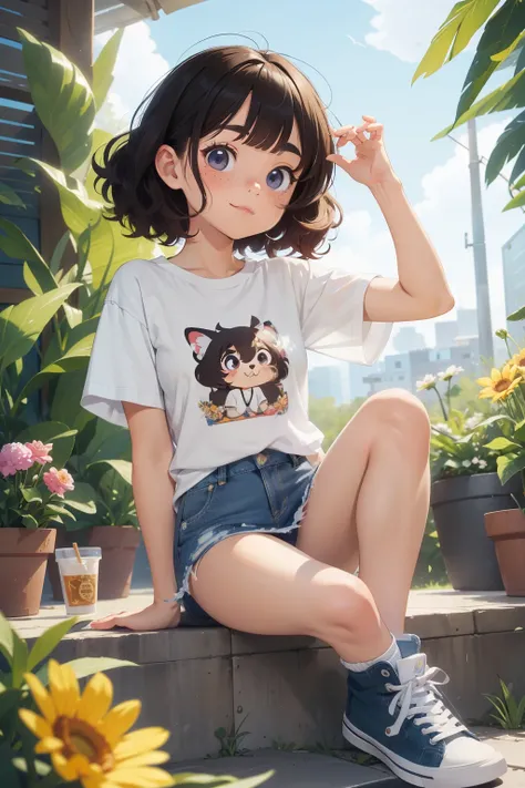   Masterpiece ,  best quality,  Masterpiece ，  best quality，Cute doodles，  funny, Excellent, S，Short length，Curly hair, Two tail hairs，  bright  , Curious Eyes ，Freckles， thick eyebrows， short sleeve white t-shirt，Very short denim miniskirt，  open fly， sne...