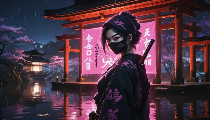 8k,masterpiece,best quality,when no one is around,a female ninja wearing a stylish and cute ninja hoodie maiko style showing off cleavage, with one eye covered with a black cloth like an eyepatch, stands alone, facing the viewer, holding a sword in one han...