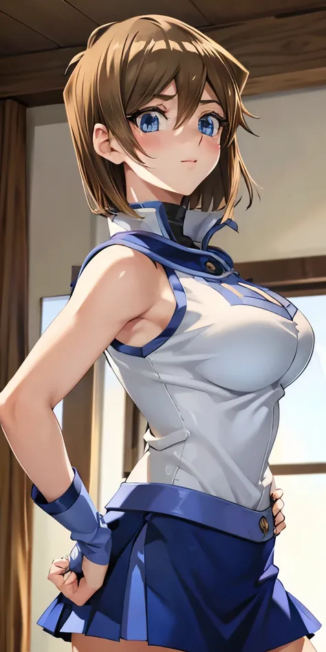 1 Female,High definition,high resolution,Ultra-realistic,8K, aamazaki, (antenna hair:1.2), blue eyes,short hair,white jacket, sleeveless, blue skirt,tight skirt , miniskirt,fingerless gloves, large breasts,European,sexy,Upper body close-up,Photographed fro...