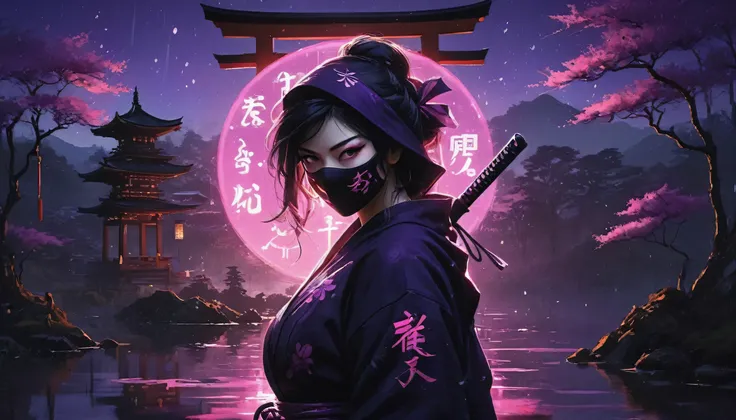 8k,masterpiece,best quality,when no one is around,a female ninja wearing a stylish and cute ninja hoodie maiko style showing off cleavage, with one eye covered with a black cloth like an eyepatch, stands alone with dark violet aura, facing the viewer, hold...