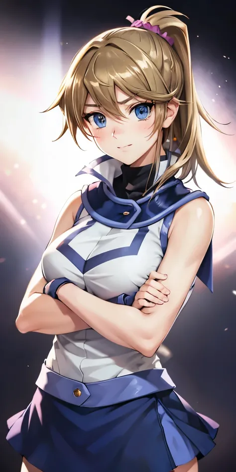 1 Female,High definition,high resolution,Ultra-realistic,8K, bbmazaki, ponytail, hair scrunchie, blue eyes, white jacket, sleeveless, blue skirt,tight skirt , miniskirt,fingerless gloves, large breasts,European,sexy,Upper body close-up,Photographed from th...