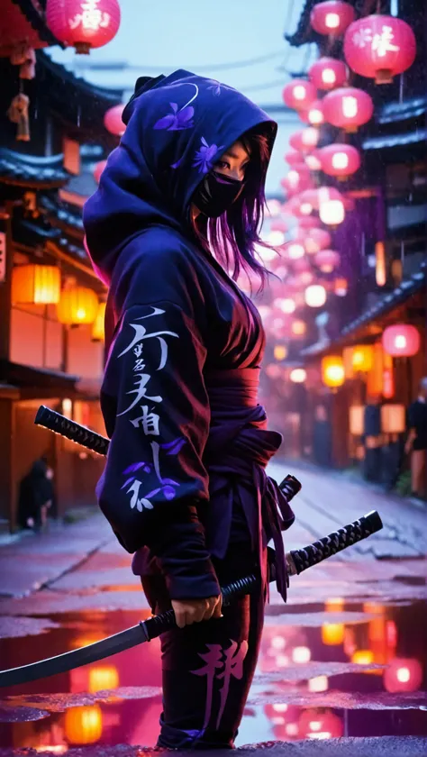 8k,masterpiece,best quality,when no one is around,a female ninja wearing a stylish and cute ninja hoodie Geisha style showing off cleavage, one eye covered with a black cloth like an eyepatch, stands alone with dark violet aura, now just ready to start ru...