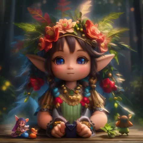 there is a doll with a headdress and feathers on it, cute little troll, adorable digital painting, cute detailed digital art, elf girl wearing an flower suit, rens art in artstation, hyperdetailed fantasy character, cute 3 d render, 🌺 cgsociety, pixie char...