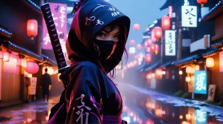 8k,masterpiece,best quality,when no one is around,a female ninja wearing a stylish and cute ninja hoodie Geisha style showing off cleavage, one eye covered with a black cloth like an eyepatch, stands alone with dark violet aura, now just ready to start ru...