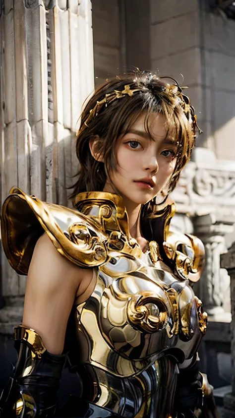 Beautiful Young girl, wearing saint seiya armor, leo gold armor, in temple, realistic , detailed, 