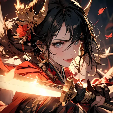 (1 mesmerizing girl, long silky black hair, hazel eyes, plumb lips),Demon slayer, Red kimono with golden dragon embroidered Costume,,Light and flower petals effects,Intricate details,,Decadent,artwork,rendering,Dynamic pose,(masterpiece:1.3),(highest quali...