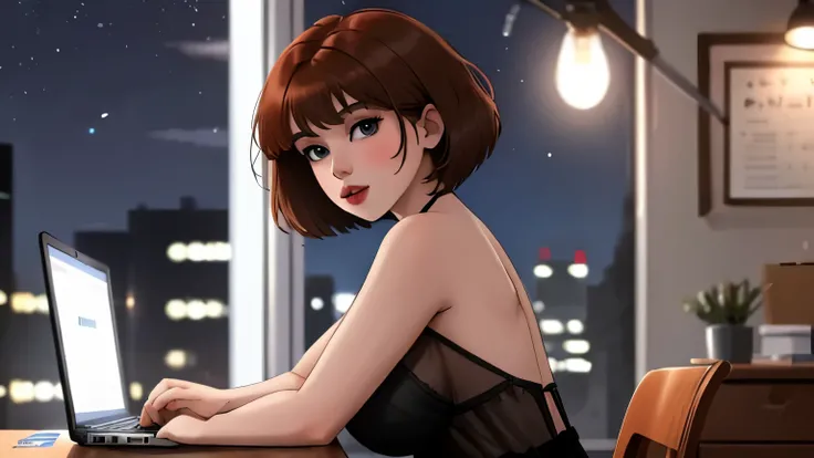 A Young girl short auburn hair with big breasts sits at her desk late at night, working in front of laptop, the camera capture from side angle, she wearing black mini dress.