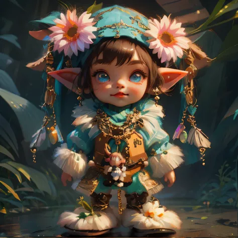 there is a doll with a hat and a necklace on it, elf girl wearing an flower suit, cute detailed digital art, hyperdetailed fantasy character, adorable digital painting, lalafell, little elf girl, cute little troll, cute pocelain doll, elf girl, cute digita...