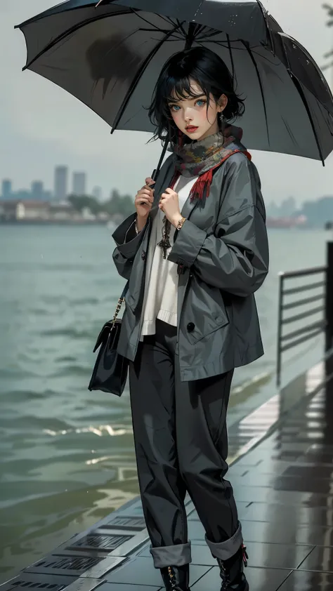 24 year old dark skinned woman、blue eyes、blonde、medium long curly hair、Accessorize your wrist、Colorful Scarf Tie Blouse((scarf tie blouse))、raincoat,loose grey fashionable pants, short hair, at the sea side, boots, umbrella, rain