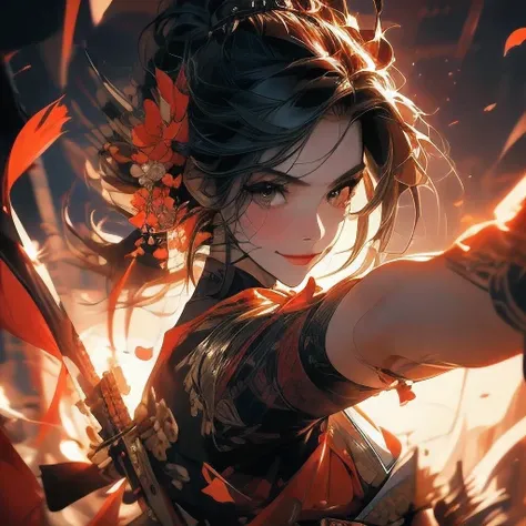 (1 mesmerizing woman, long silky black hair, hime bang, hazel eyes, plumb lips),Demon slayer, Red kimono with golden dragon embroidered Costume,,Light and flower petals effects,Intricate details,,Decadent,artwork,rendering,Dynamic pose,(masterpiece:1.3),(h...