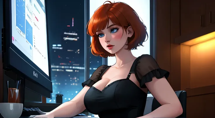 A Young girl short auburn hair with big breasts wearing a lush black mini dress, sitting at a desk at night, illuminated by the glow of a laptop screen. She is typing on the keyboard with a focused expression, her blue eyes reflecting the light from the sc...