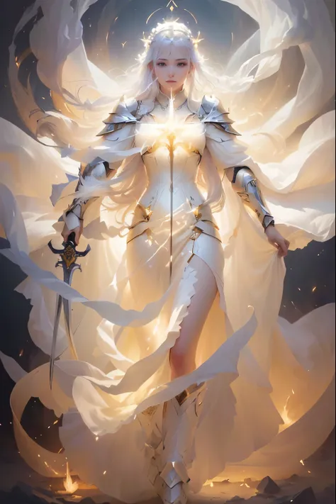 a woman in a white dress with a sword and a light shining, flowing white robes, holy fire spell art, glowing angelic being, clothed in ethereal armor, godly and ethereal, ( ( god king of ai art ) ), by Yang J, flowing magical robe, ethereal angelic being o...