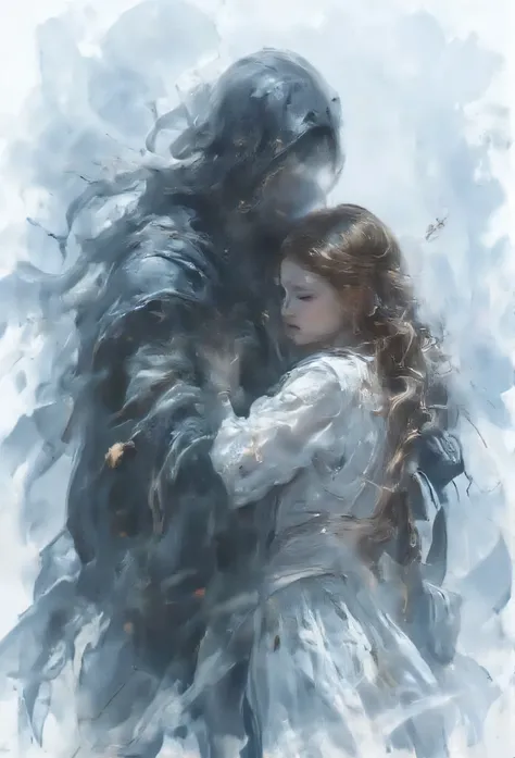 ((masterpiece)) ((photography)) ((Highest quality)) a (((shadow shaped like a man))) embracing a woman with chestnut hair, her expression filled with sadness. watercolor background with subtle shades of gray and blue, creating a melancholic and poetic atmo...