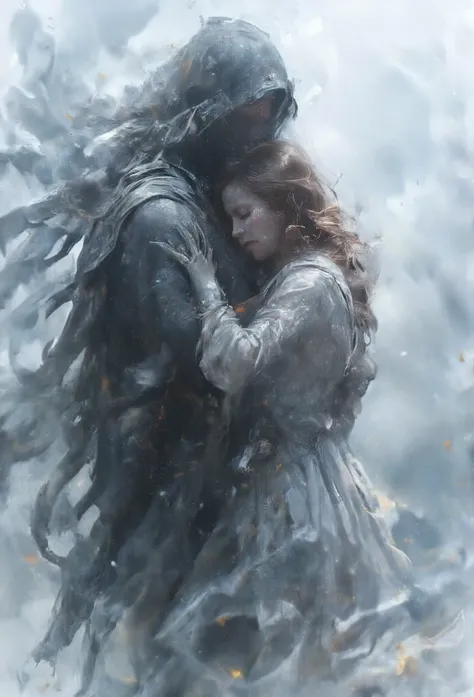 ((masterpiece)) ((photography)) ((Highest quality)) a (((shadow shaped like a man))) embracing a woman with chestnut hair, her expression filled with sadness. watercolor background with subtle shades of gray and blue, creating a melancholic and poetic atmo...