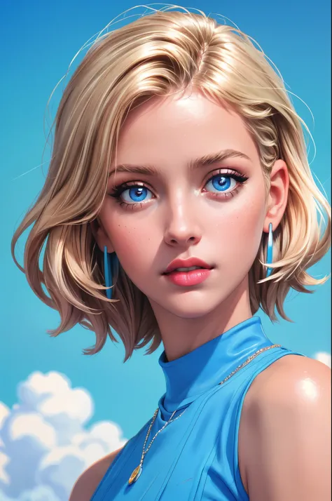 a beautiful woman, closeup portrait, perfect slick short blonde hair, (80s photo), (Bright Blue dress), 24mm, (analog, cinematic, film grain:1.3), (plain Cloud Burst Blue background, gradient:1.1), detailed eyes, (seductive pose), (epicPhoto), upper body, ...