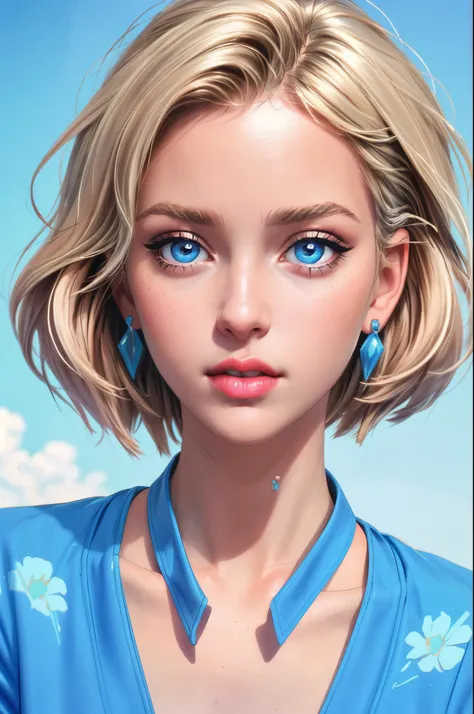 a beautiful woman, closeup portrait, perfect slick short blonde hair, (80s photo), (Bright Blue dress), 24mm, (analog, cinematic, film grain:1.3), (plain Cloud Burst Blue background, gradient:1.1), detailed eyes, (seductive pose), (epicPhoto), upper body, ...