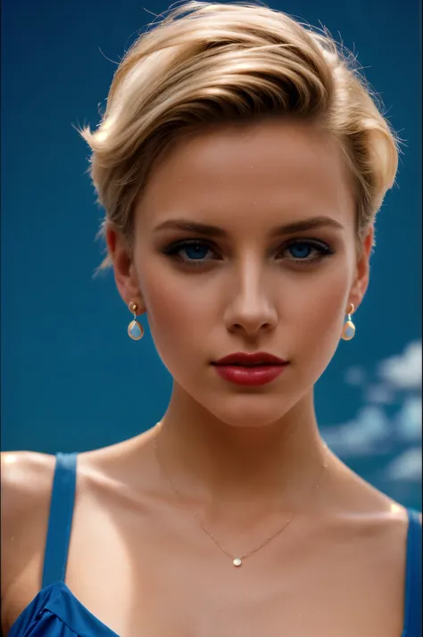 a beautiful woman, closeup portrait, perfect slick short blonde hair, (80s photo), (Bright Blue dress), 24mm, (analog, cinematic, film grain:1.3), (plain Cloud Burst Blue background, gradient:1.1), detailed eyes, (seductive pose), (epicPhoto), upper body, ...