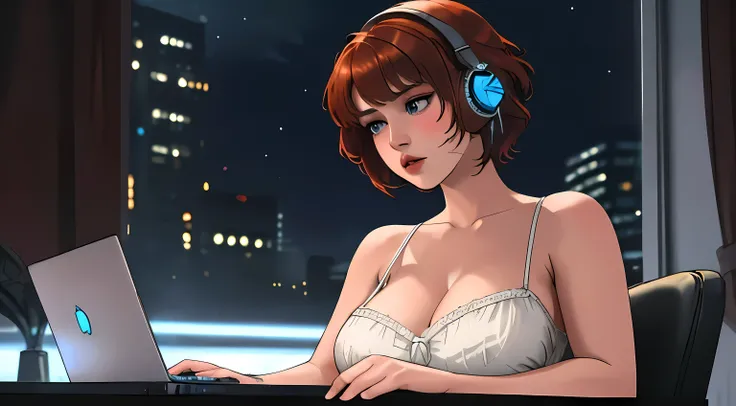 A Young girl short auburn hair with big breasts wearing a lush white mini dress, sitting at a desk at night, illuminated by the glow of a laptop screen. She is typing on the keyboard with a focused expression, With HEadphone on her head and her blue eyes r...