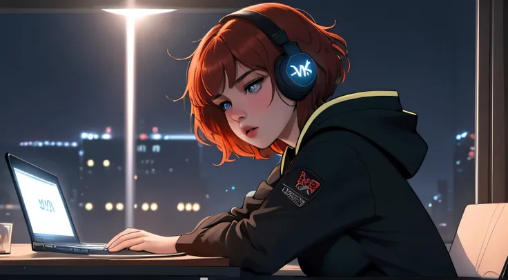 A Young girl short auburn hair with big breasts wearing a lush black hoodie, sitting at a desk at night, illuminated by the glow of a laptop screen. She is typing on the keyboard with a focused expression, With HEadphone on her head and her blue eyes refle...