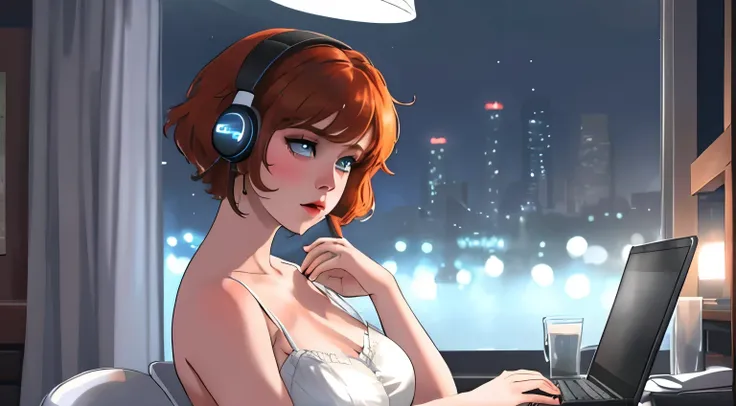 A Young girl short auburn hair with big breasts wearing a lush white mini dress, sitting at a desk at night, illuminated by the glow of a macbook apple screen. She is typing on the keyboard with a focused expression, With HEadphone on her head and her blue...