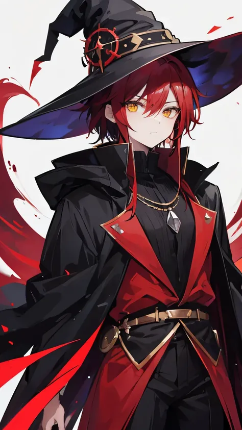 Anime Witch Male With Black Body, Red Hair, Yellow Eyes, Wearing A Witch Clothes
