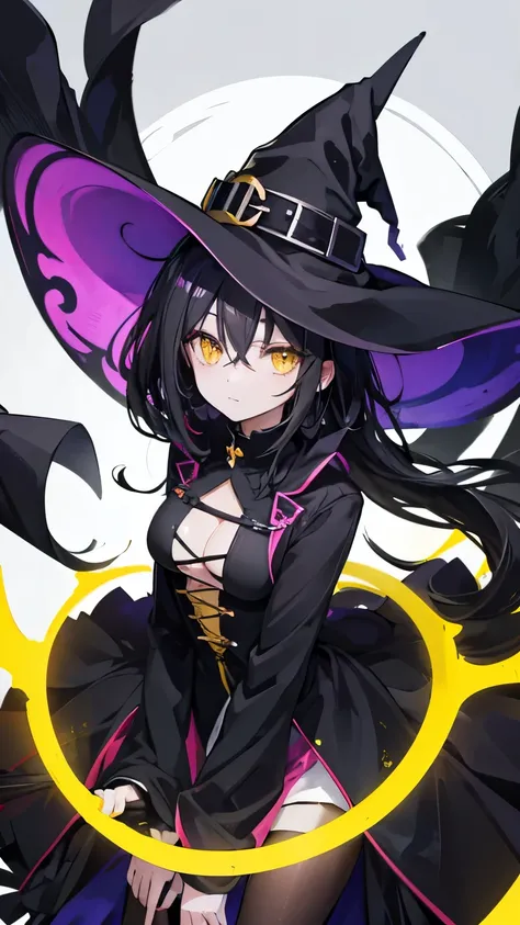 Anime Witch Female With Black Body, Black Hair, Yellow Eyes, Wearing A Witch Clothes