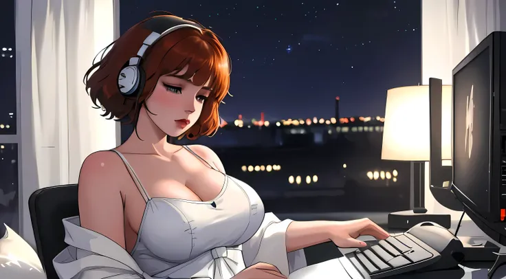 A Young girl short auburn hair with big breasts wearing a lush white mini dress, sitting at a desk at night, illuminated by the glow of a macbook apple screen. She is typing on the keyboard with a focused expression, With HEadphone on her head and her eyes...