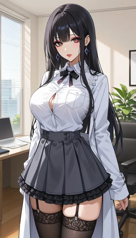  score_9,  score_8_up,  score_7_up,  source_Anime,masterpiece、 office、office、 No Emotion、 no makeup、 best quality, beautifully detailed eyes ,  Beautiful Detailed Lips、 highly detailed eyes and face,Unmotivated look、Apathetic face、 long breasts, 1 female, ...