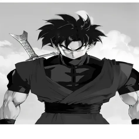  A drawing of a man with a sword in his hand., akira toriyama style, like an Asian man , inspired by Toriyama Sekien,  wild black hair of Saiyan , Dragon Ball Concept Art,  Impressive manga art style , kentaro miura manga art style, inspired by Akira Toriy...