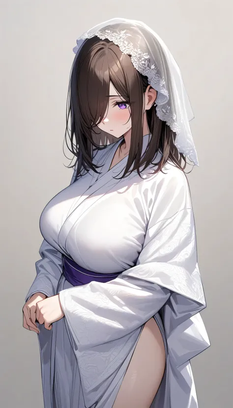 (masterpiece, Highest quality:1.2), (1girl), alone, ((medium hair)), (((dark brown hair))), (straight hair), ((hair over face)), (hair over one eye), (hair over right eye:1.2), (white kimono) ,((purple eyes)), (big breast), high detail, bloom, textured ski...