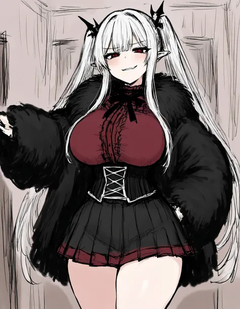 ((Masterpiece,8k,detailed,best quality),1girl,cute face,goth lolita, curvy body,big breasts,soft belly,thick thighs,wide hips,smug,vampire girl,red eyes,white hair,hair twin tails,black and red clothes,corset,black and red blouse,double Layer Pleated Skirt...