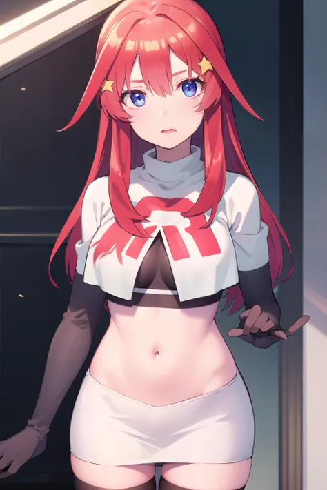 itsukinakano, itsuki nakano, bangs, blue eyes, hair between eyes, ahoge, red hair, star (symbol), hair ornament, star hair ornament,
BREAK team rocket,team rocket uniform,white skirt,red letter R,crop top,black thigh-highs,black elbow gloves,
BREAK looking...