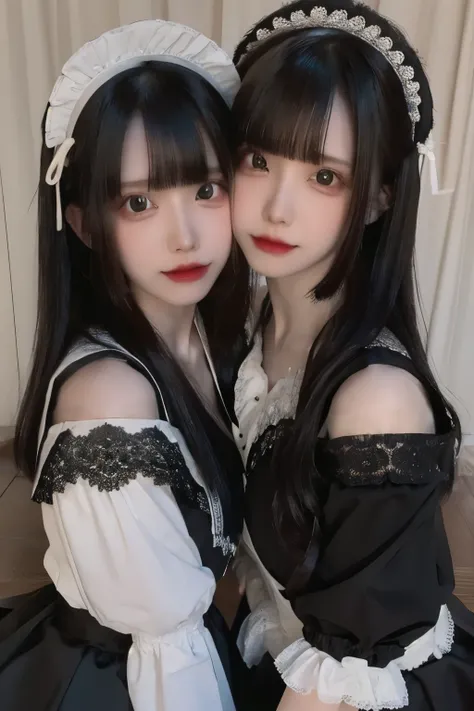  close-up photos of two young women styled with dark bob hair and straight bangs。They、 they wear black and white maid clothes with lace accents 、 wear headpieces adorned with lace and ribbons to match their outfits 。 they both smile softly 。 The background...