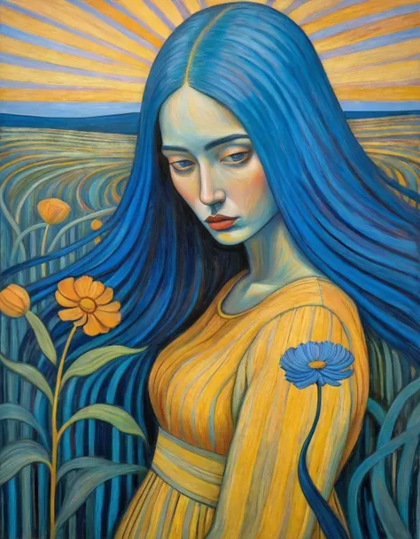 painting of a woman with blue hair and a flower in hand, Inspired by Jan Toorop , melancholic pastel art , inspired by Gustaf Munch-Petersen , emotional sad painting , acrylic painting , expressive oil painting , Closed portrait, inspired by Aristi...