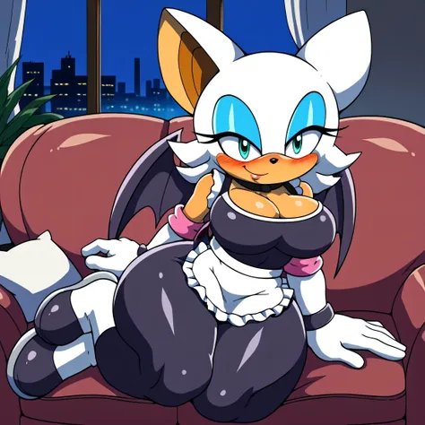 rouge the bat, flirty look ), ), blue eyes , big breasts  , black neck strap,white skirt , light blue vest ,comfortable clothes,...