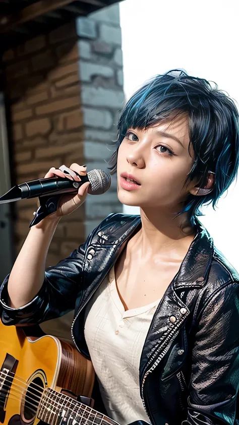  (  blue inner colored hair  、((Very very short hair:1.5、Cecil Cut:1.5))、 boyish:1.3)、  view from below :1.5、(tokyo street、 street performance 、sing、sing passionately)、(Realistic、 as shown in pictures、live action、8k, Realistic,  RAW photo,   best quality :...